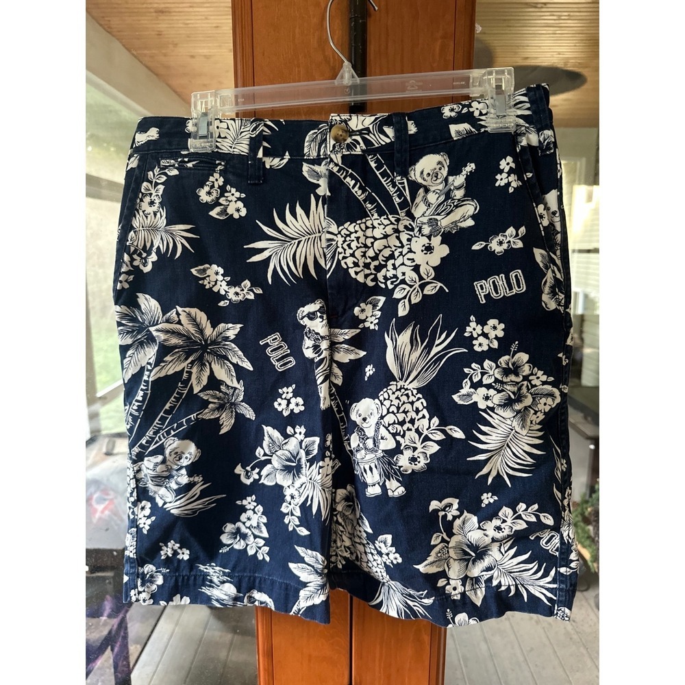 Polo Ralph Lauren Mens Navy Polo Bear Tropical Pineapple Floral Shorts Size 30